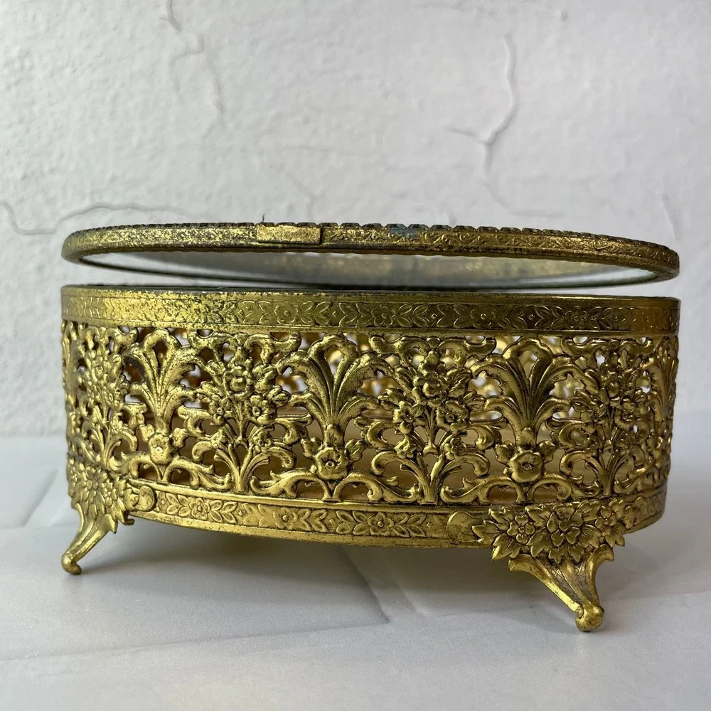 Vintage Gold Filigree Glass Trinket Box Oval Hollywood Regency Jewelry Casket